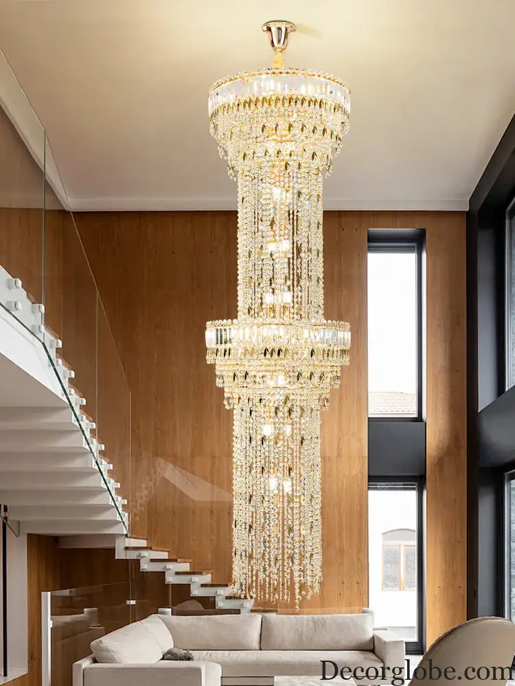 Hollow Spiral Crystal Long Chandelier for Staircase and Living Room Chandelier