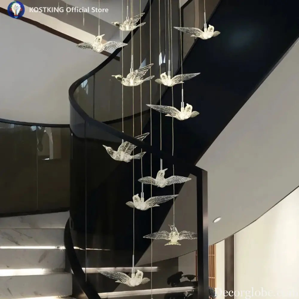 Acrylic Bird LED Pendant Lamp Pigeon Staircase Chandelier Hall Ceiling Hanging Lights Indoor Stair Artistic Decoration