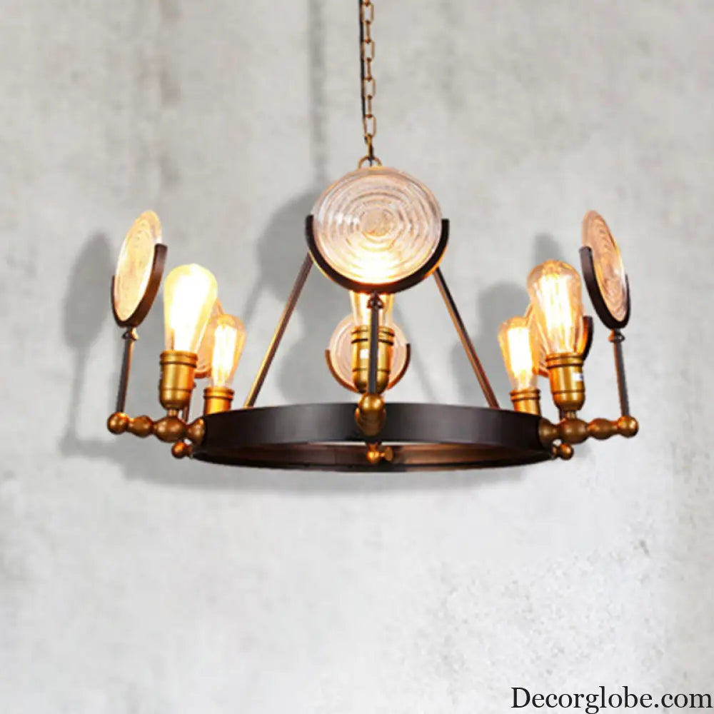 Clear Textured Glass Chandelier: Round Industrial Pendant Lighting - 6/8 Light | Brass Finish for Dining Room