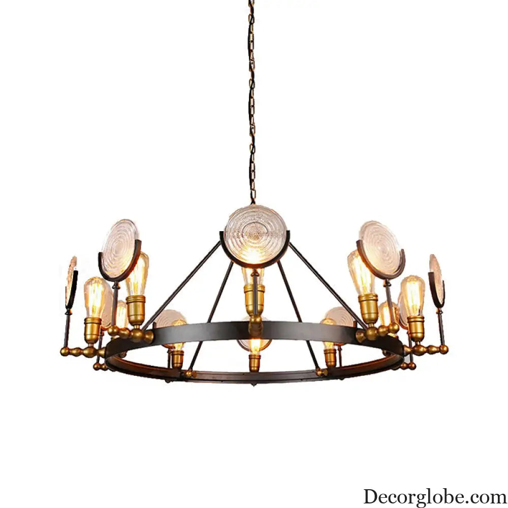 Clear Textured Glass Chandelier: Round Industrial Pendant Lighting - 6/8 Light | Brass Finish for Dining Room