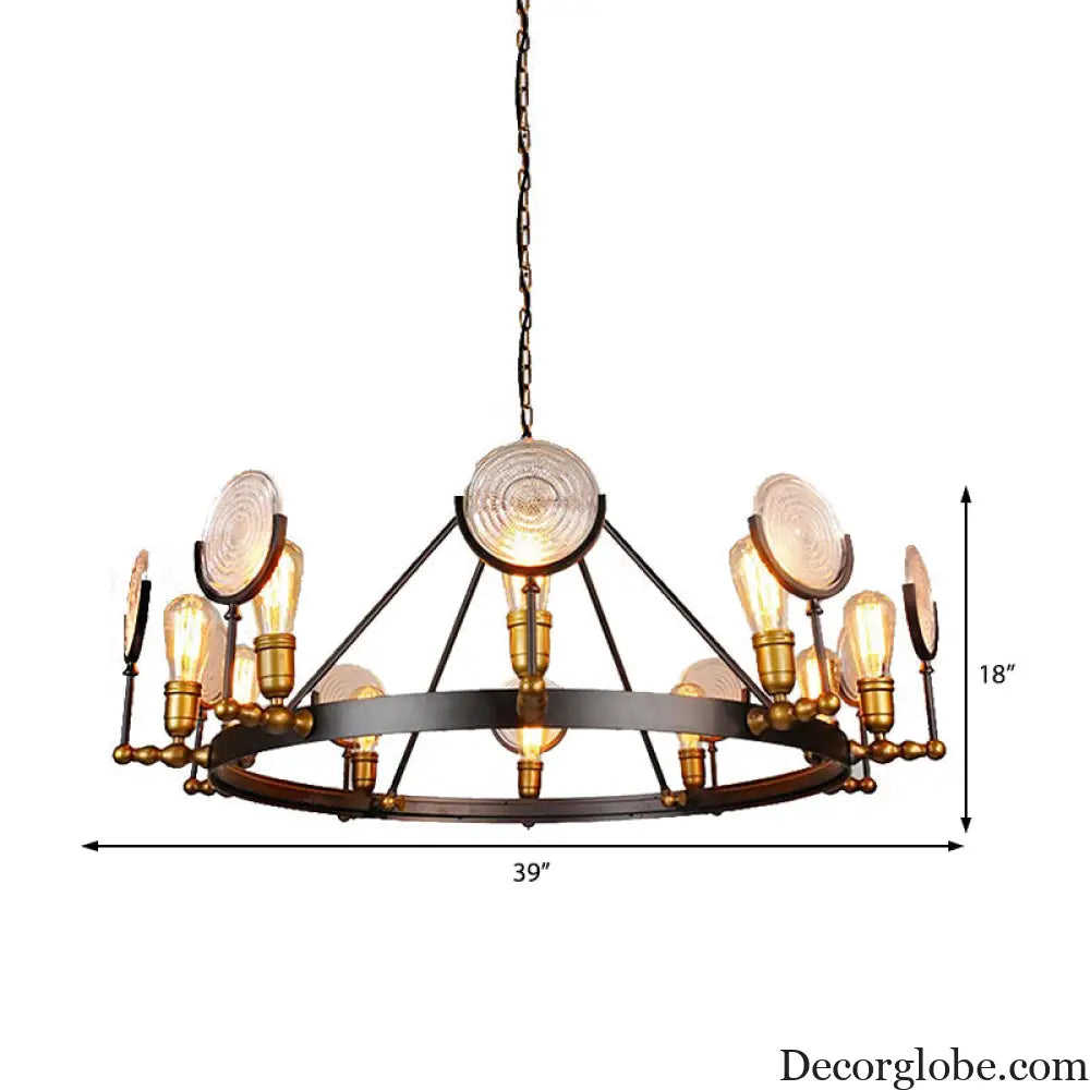 Clear Textured Glass Chandelier: Round Industrial Pendant Lighting - 6/8 Light | Brass Finish for Dining Room