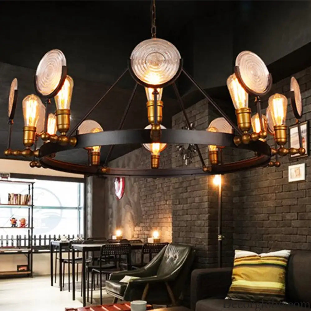 Clear Textured Glass Chandelier: Round Industrial Pendant Lighting - 6/8 Light | Brass Finish for Dining Room
