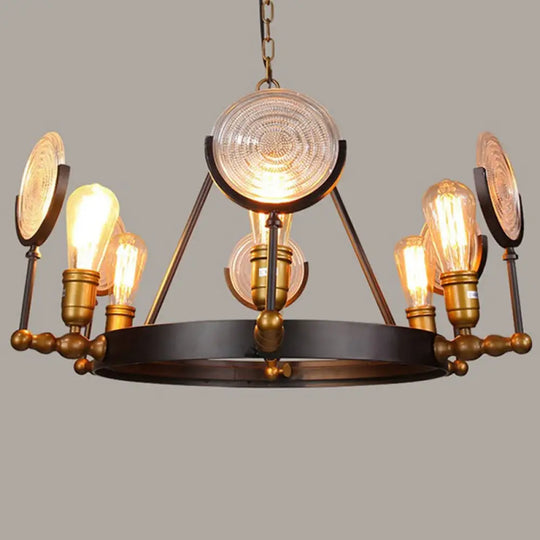 Clear Textured Glass Chandelier: Round Industrial Pendant Lighting - 6/8 Light | Brass Finish for Dining Room 6 / Brass