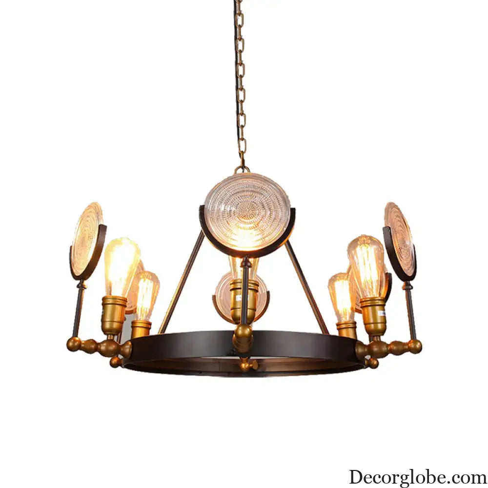 Clear Textured Glass Chandelier: Round Industrial Pendant Lighting - 6/8 Light | Brass Finish for Dining Room