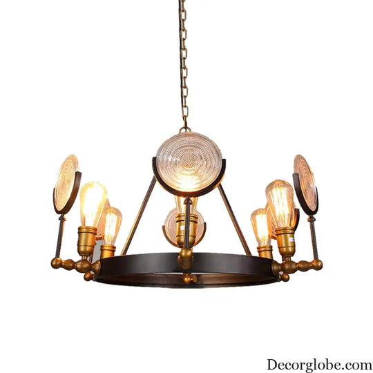 Clear Textured Glass Chandelier: Round Industrial Pendant Lighting - 6/8 Light | Brass Finish for Dining Room