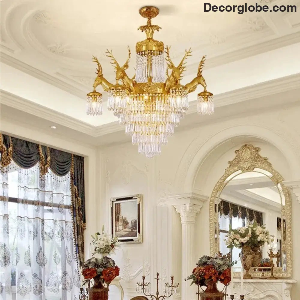 Isabelle French Deer Vintage Brass Crystal Chandelier E14 Ceiling Light Chandelier