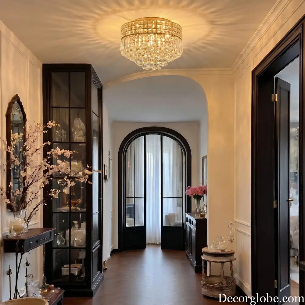 Modern Gold Round Crystal Ceiling Light K9 Crystal Semi Flush Mount Fixture for Living Room Bedroom Hallway Kitchen