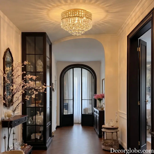Modern Gold Round Crystal Ceiling Light K9 Crystal Semi Flush Mount Fixture for Living Room Bedroom Hallway Kitchen