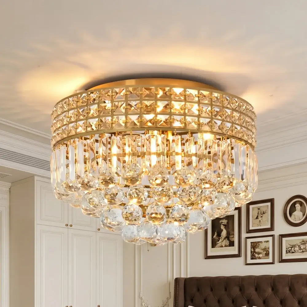 Modern Gold Round Crystal Ceiling Light K9 Crystal Semi Flush Mount Fixture for Living Room Bedroom Hallway Kitchen