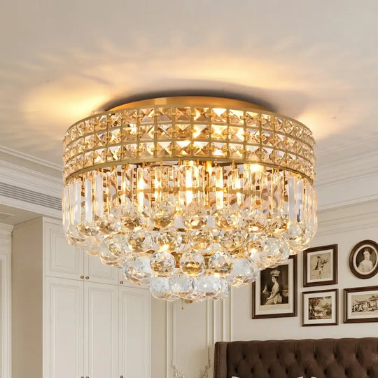 Modern Gold Round Crystal Ceiling Light K9 Crystal Semi Flush Mount Fixture for Living Room Bedroom Hallway Kitchen