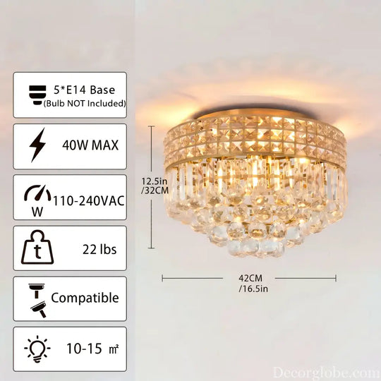 Modern Gold Round Crystal Ceiling Light K9 Crystal Semi Flush Mount Fixture for Living Room Bedroom Hallway Kitchen