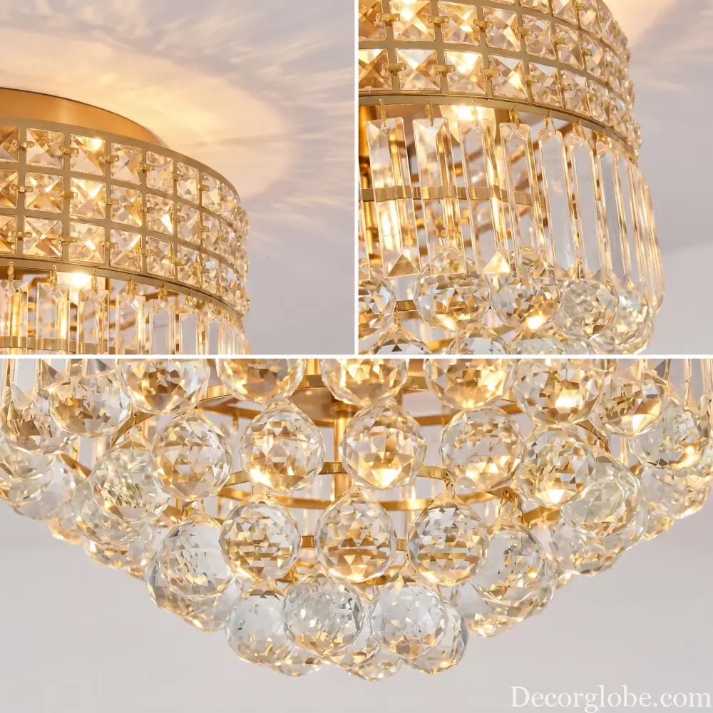 Modern Gold Round Crystal Ceiling Light K9 Crystal Semi Flush Mount Fixture for Living Room Bedroom Hallway Kitchen