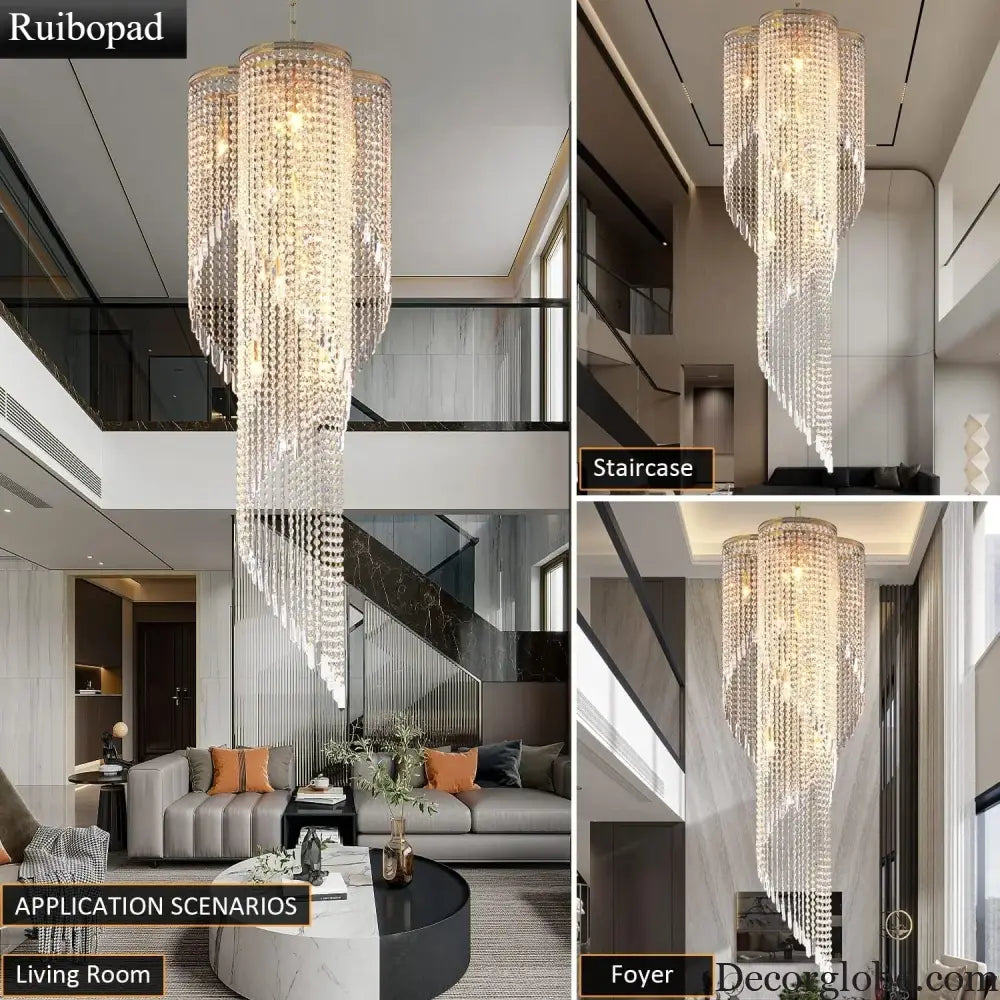 Large Spiral Crystal Beaded Chandelier – 9-Light Gold Luxury Pendant