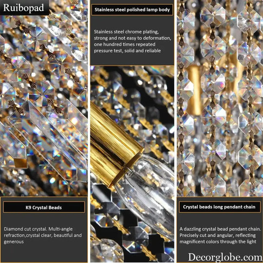 Large Spiral Crystal Beaded Chandelier – 9-Light Gold Luxury Pendant