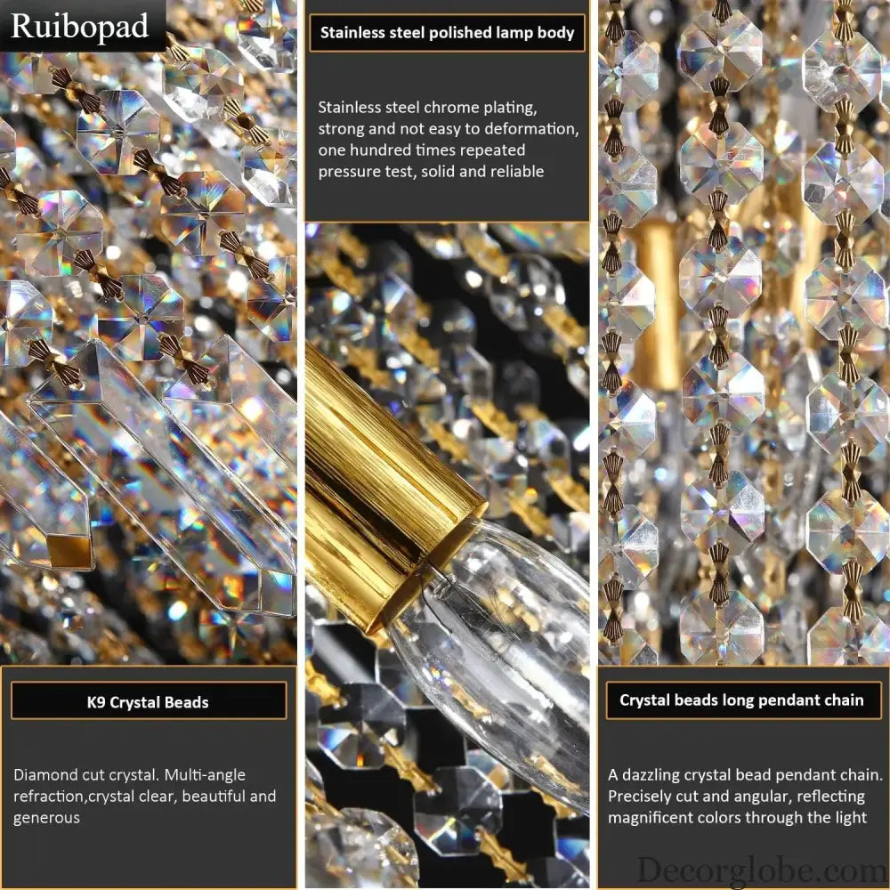 Large Spiral Crystal Beaded Chandelier – 9-Light Gold Luxury Pendant