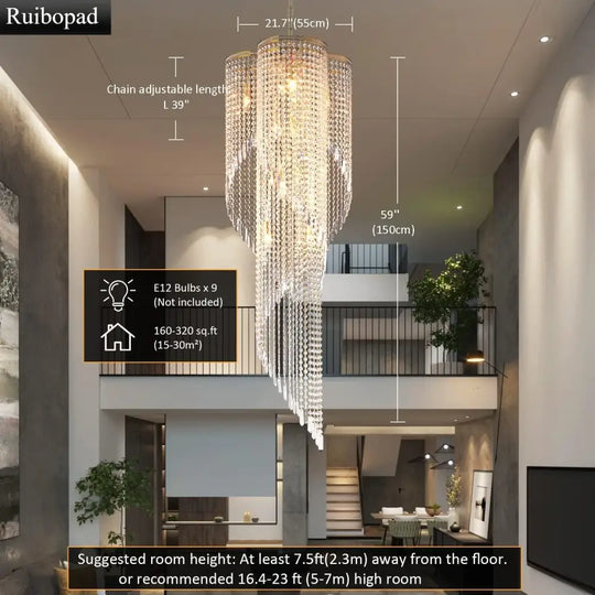 Large Spiral Crystal Beaded Chandelier – 9-Light Gold Luxury Pendant D55cm x H125cm 1 / Tri-colour light