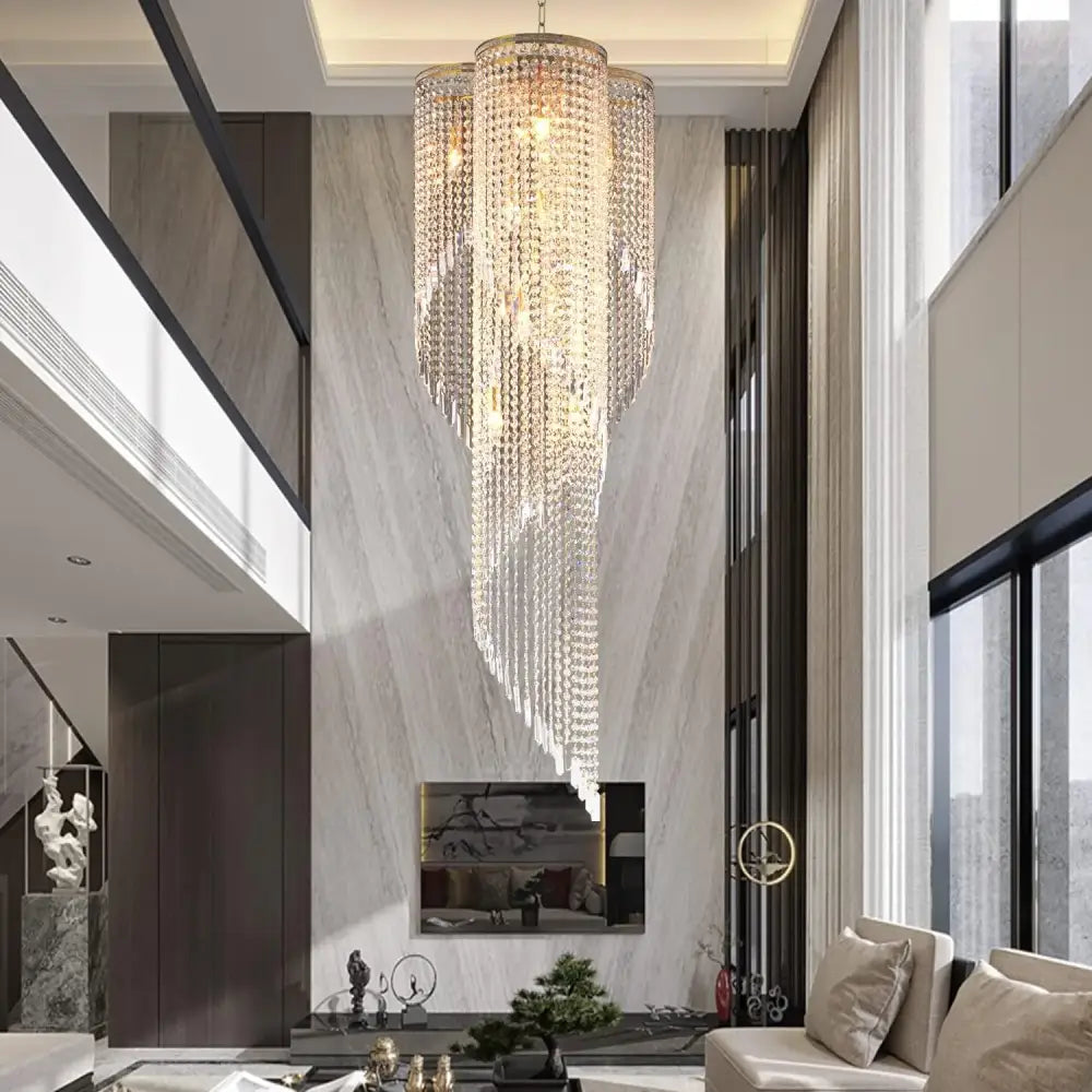 Large Spiral Crystal Beaded Chandelier – 9-Light Gold Luxury Pendant D55cm x H125cm / Tri-colour light