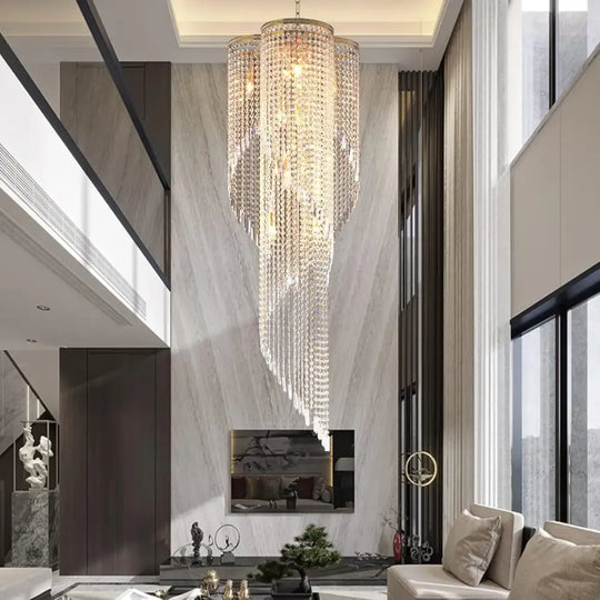Large Spiral Crystal Beaded Chandelier – 9-Light Gold Luxury Pendant D55cm x H125cm / Tri-colour light