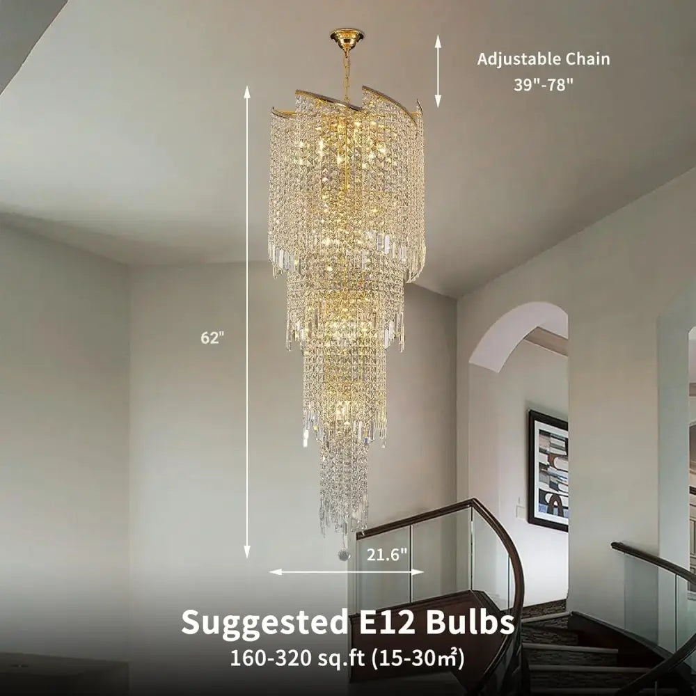 Large Spiral Crystal Beaded Chandelier – 9-Light Gold Luxury Pendant H157.5cm X D54.85cm / Tri-colour light