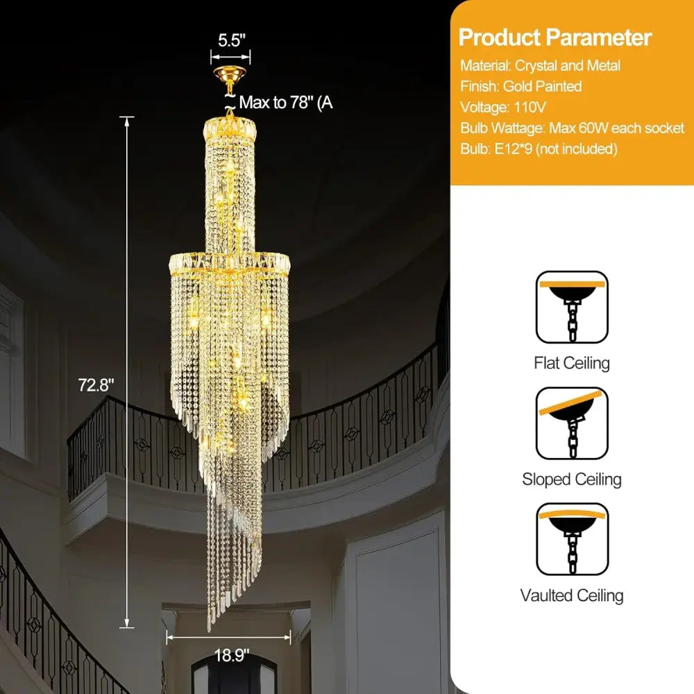 Large Spiral Crystal Beaded Chandelier – 9-Light Gold Luxury Pendant H185cm X D48cm / Tri-colour light