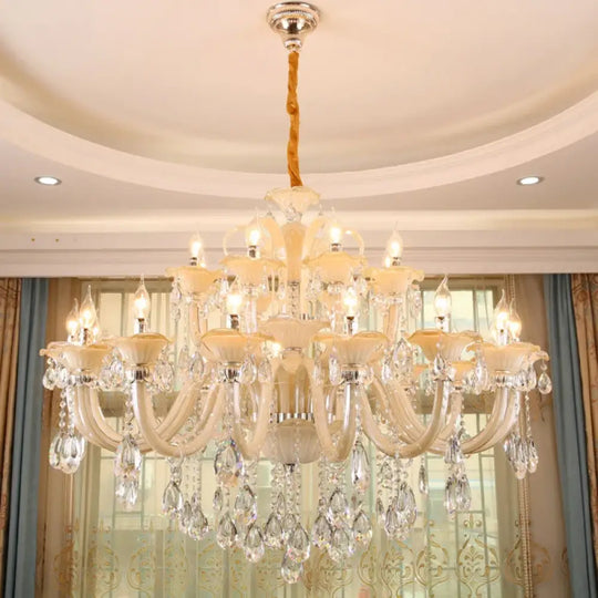 Long Crystal Chandelier for Duplex Villa and Staircase Lighting 24 lights / Warm light Chandelier