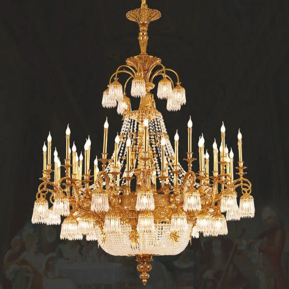 European-style copper Villa Hall chandelier French luxury elegant duplex building high retro living room candle crystal