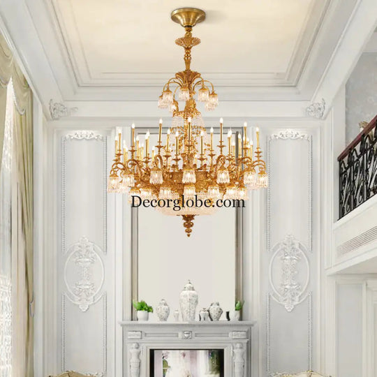 European-style copper Villa Hall chandelier French luxury elegant duplex building high retro living room candle crystal