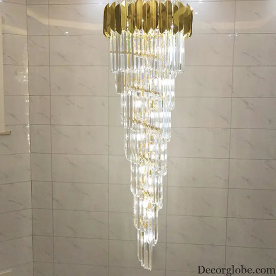 Luxurious Interior Hall Stairwell Golden Chandelier - Modern Elegance with Clean Crystal Ball Accents and LED Lighting - DecorGlobe