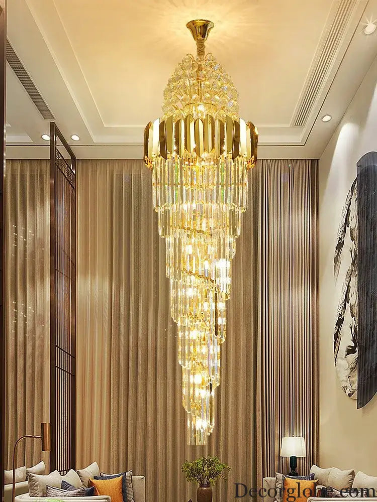 Luxurious Interior Hall Stairwell Golden Chandelier - Modern Elegance with Clean Crystal Ball Accents and LED Lighting - DecorGlobe