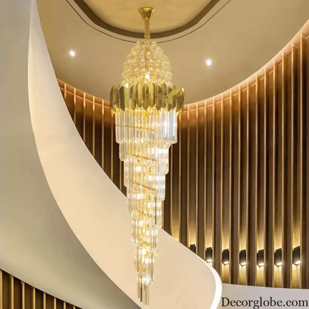Luxurious Interior Hall Stairwell Golden Chandelier - Modern Elegance with Clean Crystal Ball Accents and LED Lighting - DecorGlobe