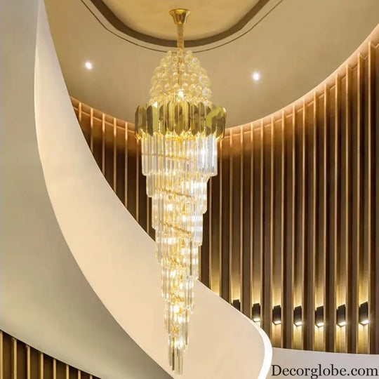 Luxurious Interior Hall Stairwell Golden Chandelier - Modern Elegance with Clean Crystal Ball Accents and LED Lighting - DecorGlobe