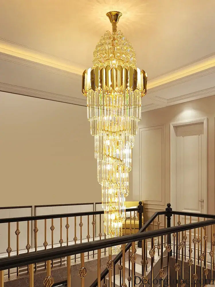 Luxurious Interior Hall Stairwell Golden Chandelier - Modern Elegance with Clean Crystal Ball Accents and LED Lighting - DecorGlobe