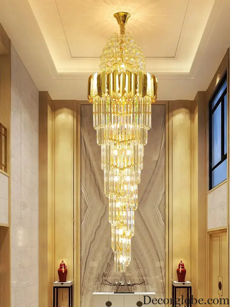 Luxurious Interior Hall Stairwell Golden Chandelier - Modern Elegance with Clean Crystal Ball Accents and LED Lighting - DecorGlobe