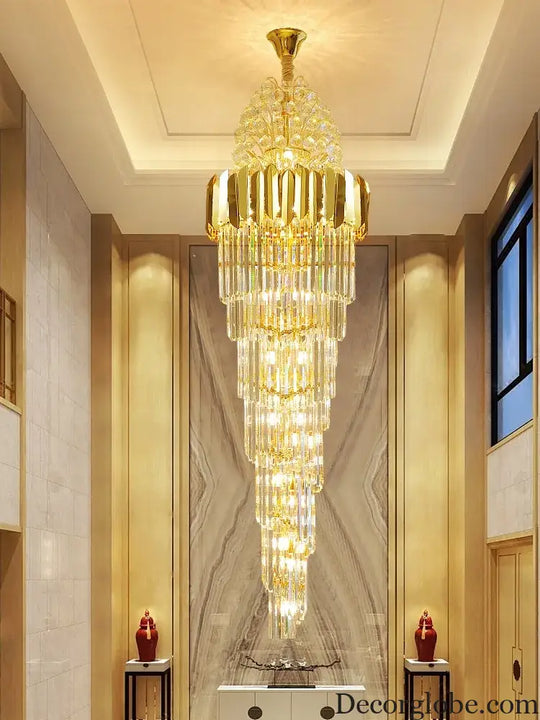 Luxurious Interior Hall Stairwell Golden Chandelier - Modern Elegance with Clean Crystal Ball Accents and LED Lighting - DecorGlobe