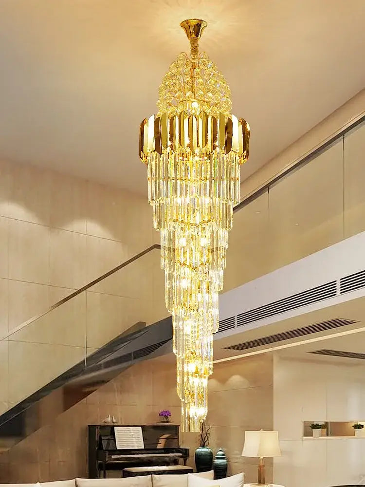 Luxurious Interior Hall Stairwell Golden Chandelier - Modern Elegance with Clean Crystal Ball Accents and LED Lighting - DecorGlobe