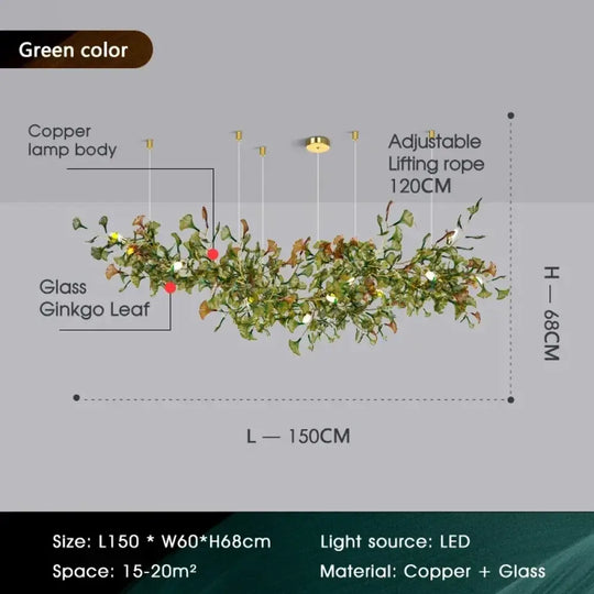 Luxury Ginkgo Leaf Glass Branch Chandelier L150xW60xH68 Green Chandelier