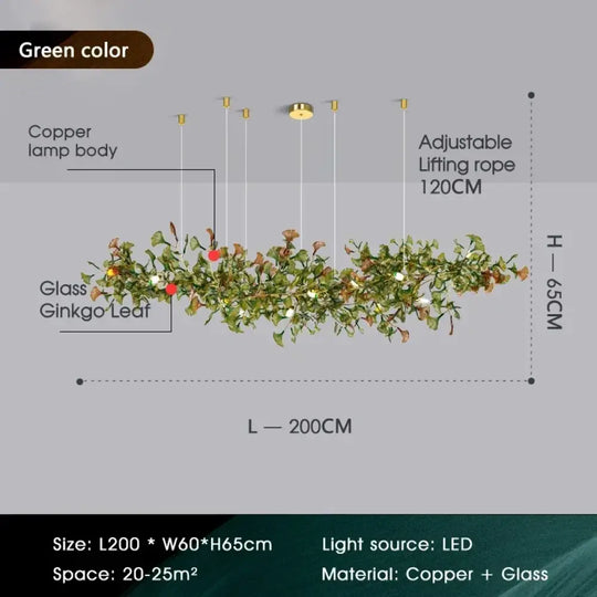 Luxury Ginkgo Leaf Glass Branch Chandelier L200xW65xH65 Green Chandelier