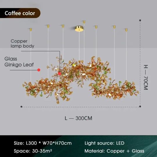 Luxury Ginkgo Leaf Glass Branch Chandelier L300xW70xH70 Coffee Chandelier