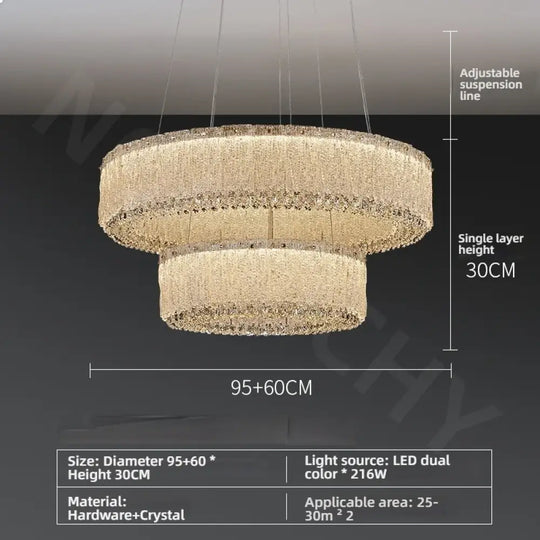 Luxury Gold Crystal Pendant Lamp for Living and Dining Room D95CM D60CM / White light Chandelier