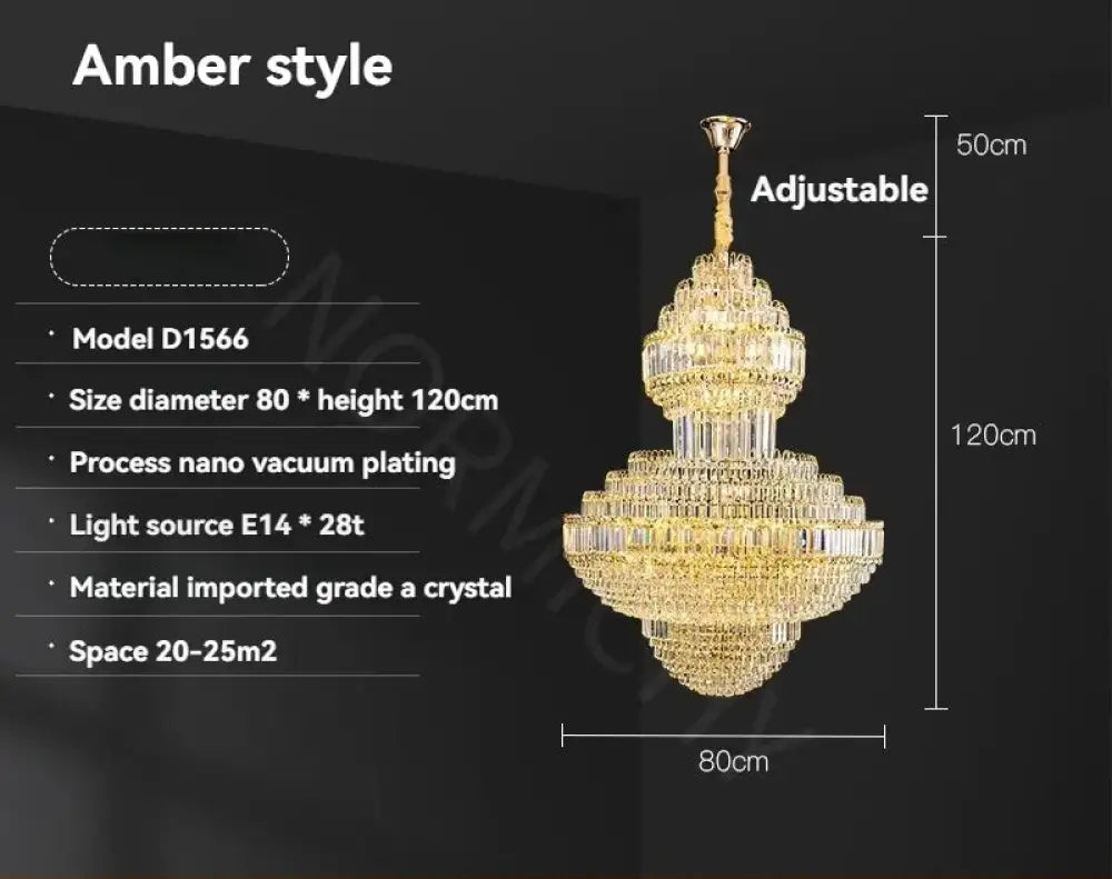 Luxury Hollow Crystal Pendant Chandelier for Villa and Hotel Lobby Amber D80XH120CM / Warm light Chandelier