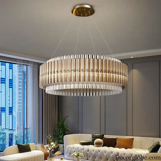 Luxury LED Chandelier for Living Room - Modern Round Glass Hanging Lamp in Gold - DecorGlobe