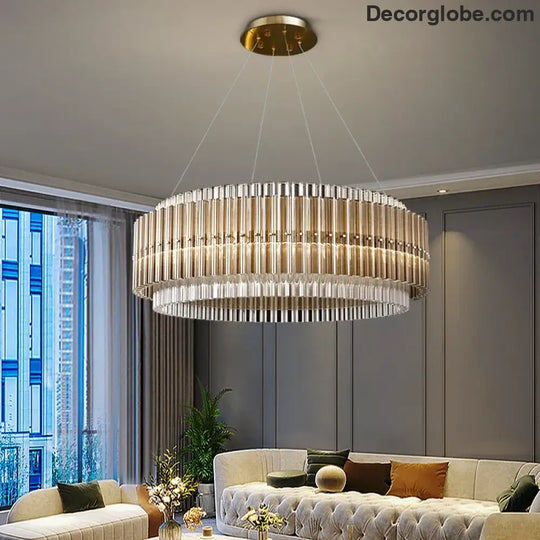 Luxury LED Chandelier for Living Room - Modern Round Glass Hanging Lamp in Gold - DecorGlobe