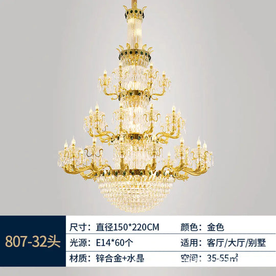 European Crystal Branch Chandelier for Villa Duplex 16 + 10 + 6 heads (diameter 150cm, height 200cm)