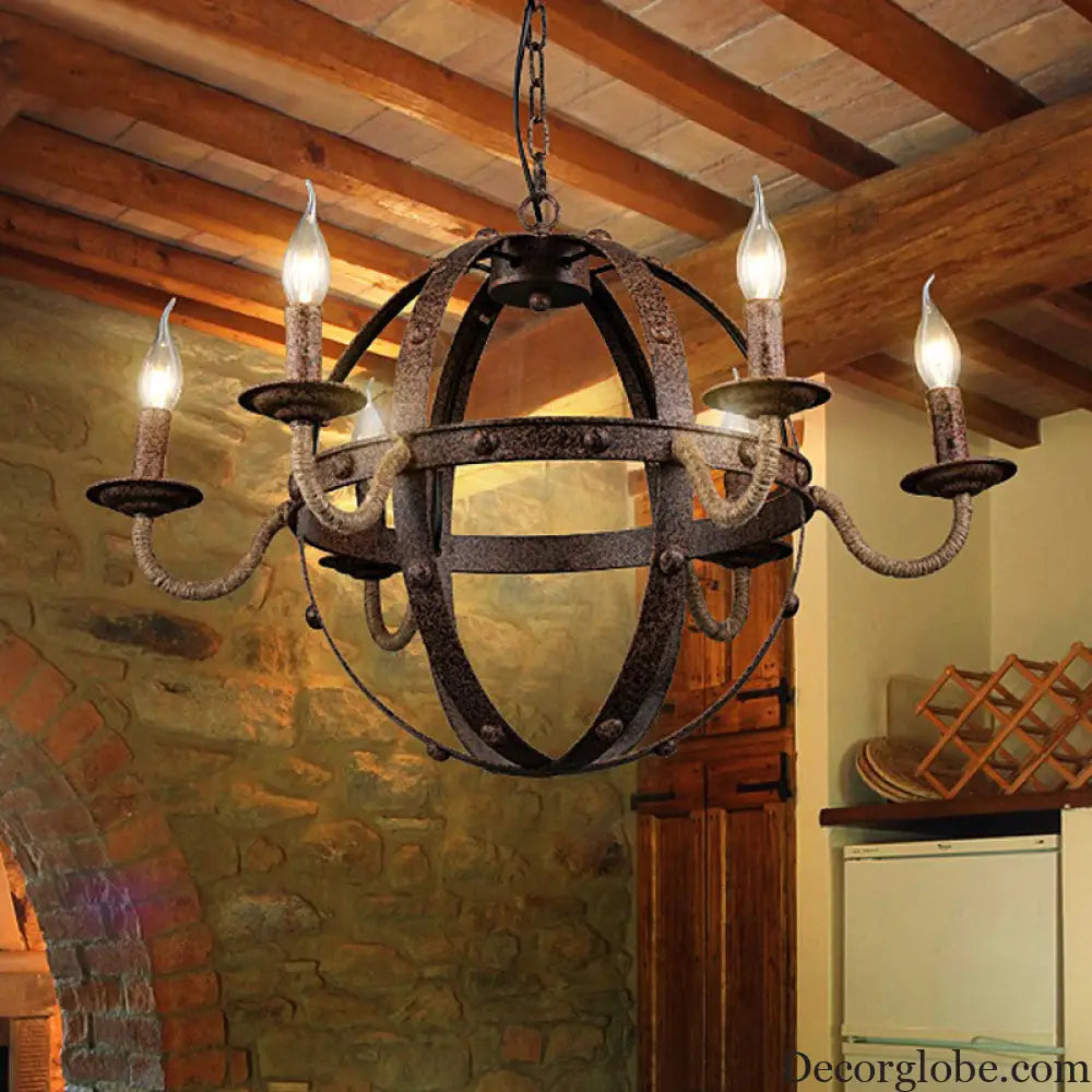 Metal Chandelier Lamp - Country Style 6-Light Pendant Lighting for Dining Room in Rust Rust