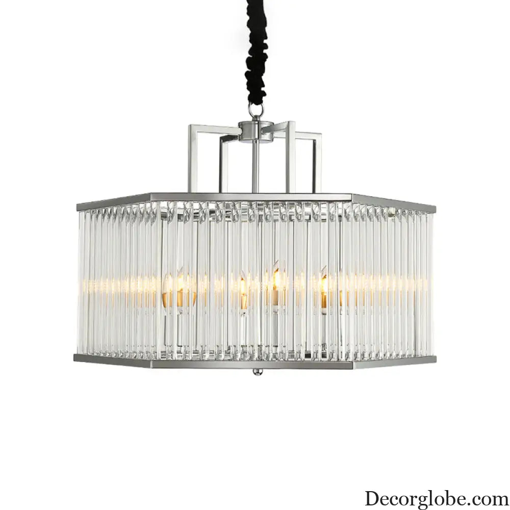 Hexagon Chrome Pendant Chandelier with Crystal - Modern Metal Hanging Lamp for Living Room Chrome