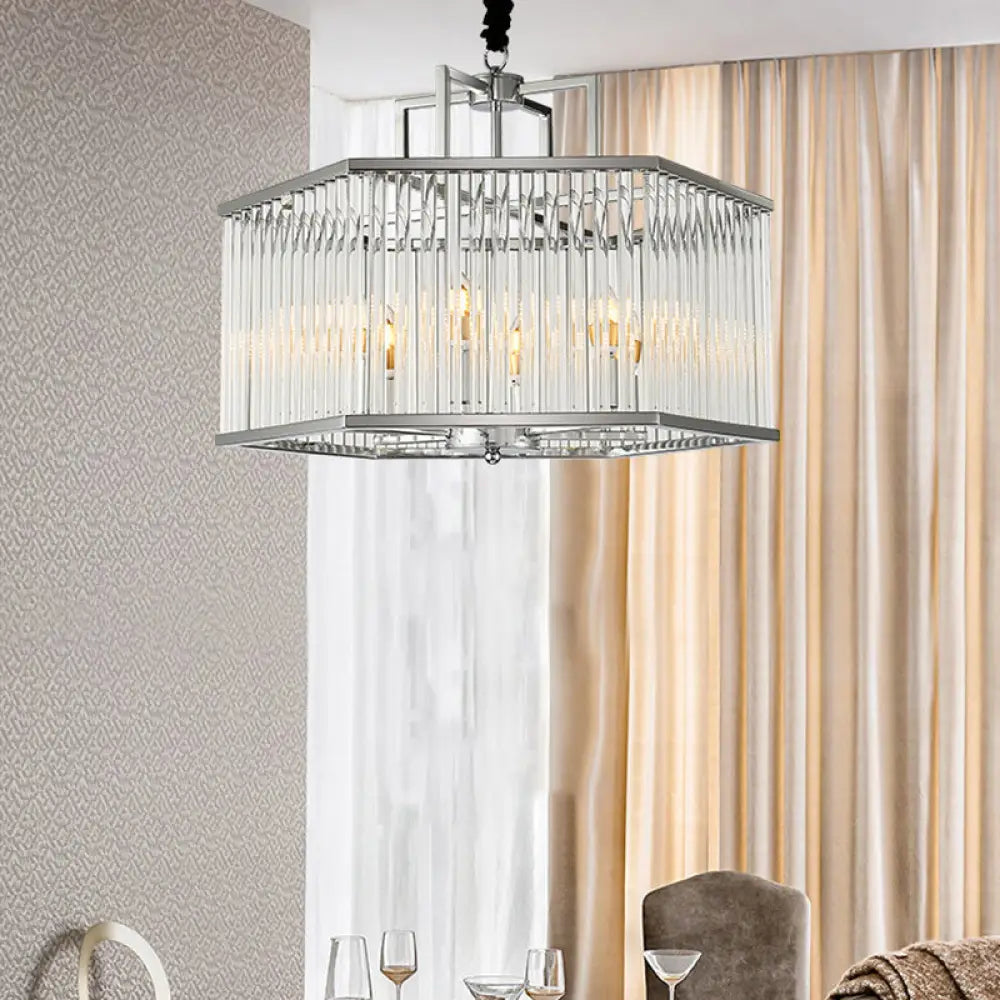 Hexagon Chrome Pendant Chandelier with Crystal - Modern Metal Hanging Lamp for Living Room Chrome