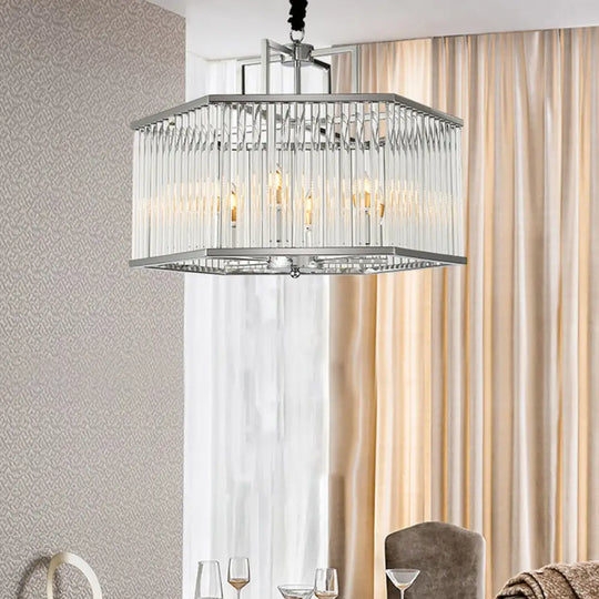 Hexagon Chrome Pendant Chandelier with Crystal - Modern Metal Hanging Lamp for Living Room Chrome