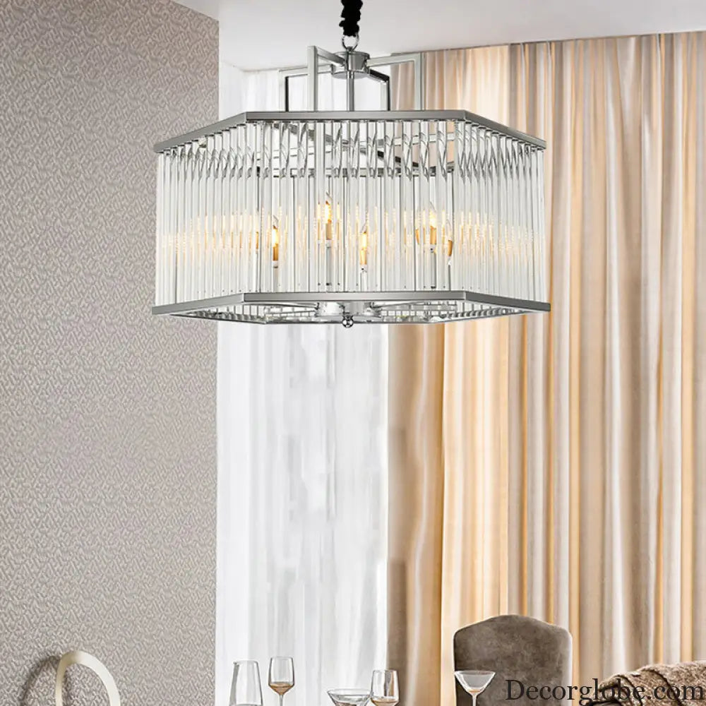 Hexagon Chrome Pendant Chandelier with Crystal - Modern Metal Hanging Lamp for Living Room Chrome