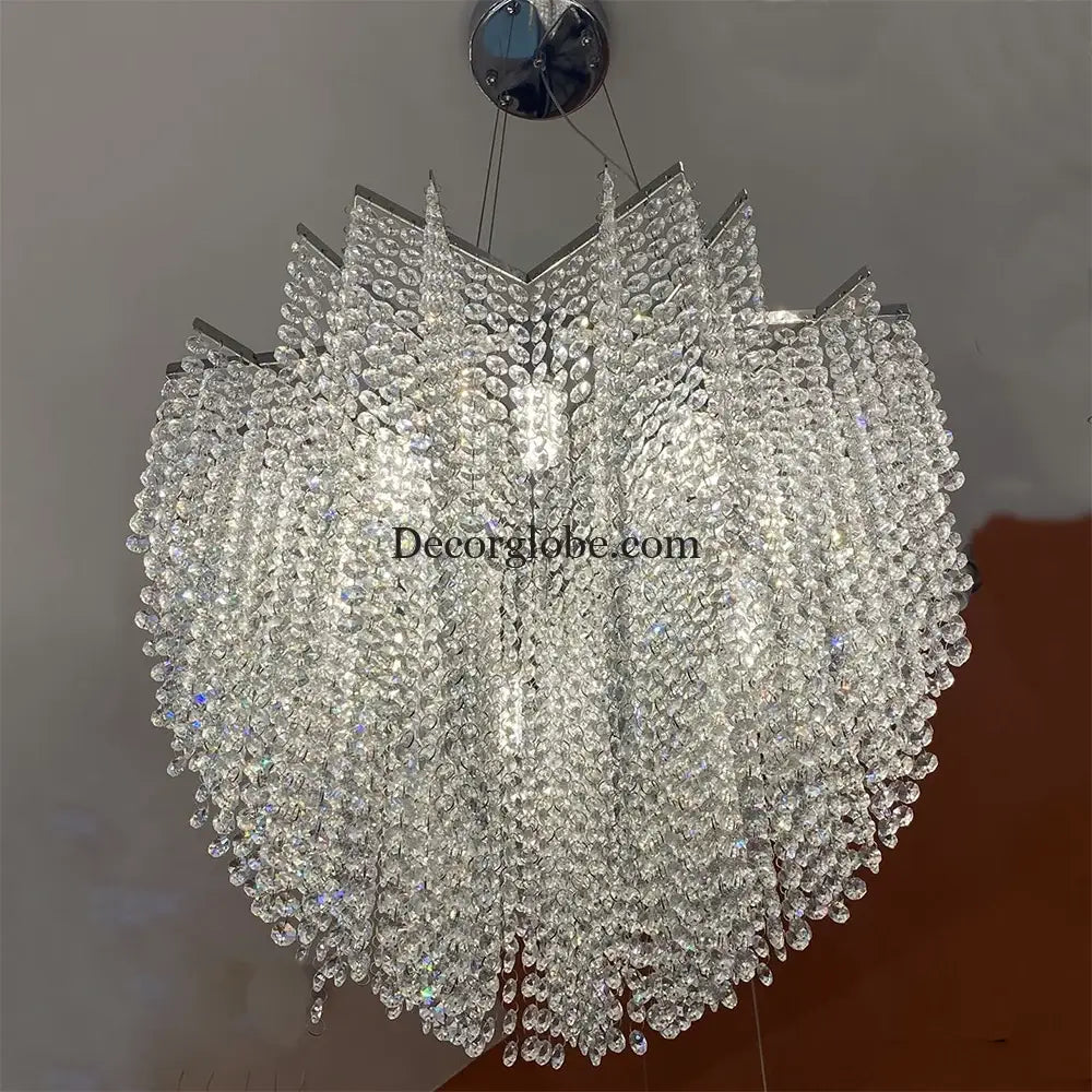 Modern Crystal Chandelier - Luxury Staircase Illumination with Chrome Accents and LED Elegance - DecorGlobe