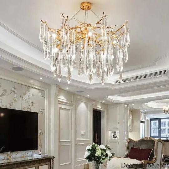Modern Crystal Chandeliers - Luxury Living and Dining Room Lighting with Bar Design, Featuring Branch Pendant Lights and Crystal Water Drop Accents - DecorGlobe